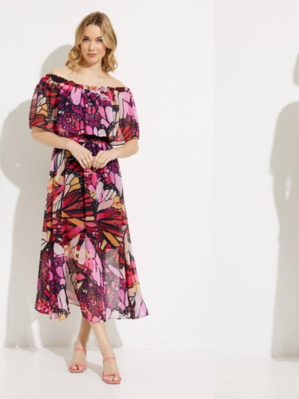 Joseph Ribkoff Midnight Blue/Multi Butterfly Print Off-Shoulder Maxi Dress